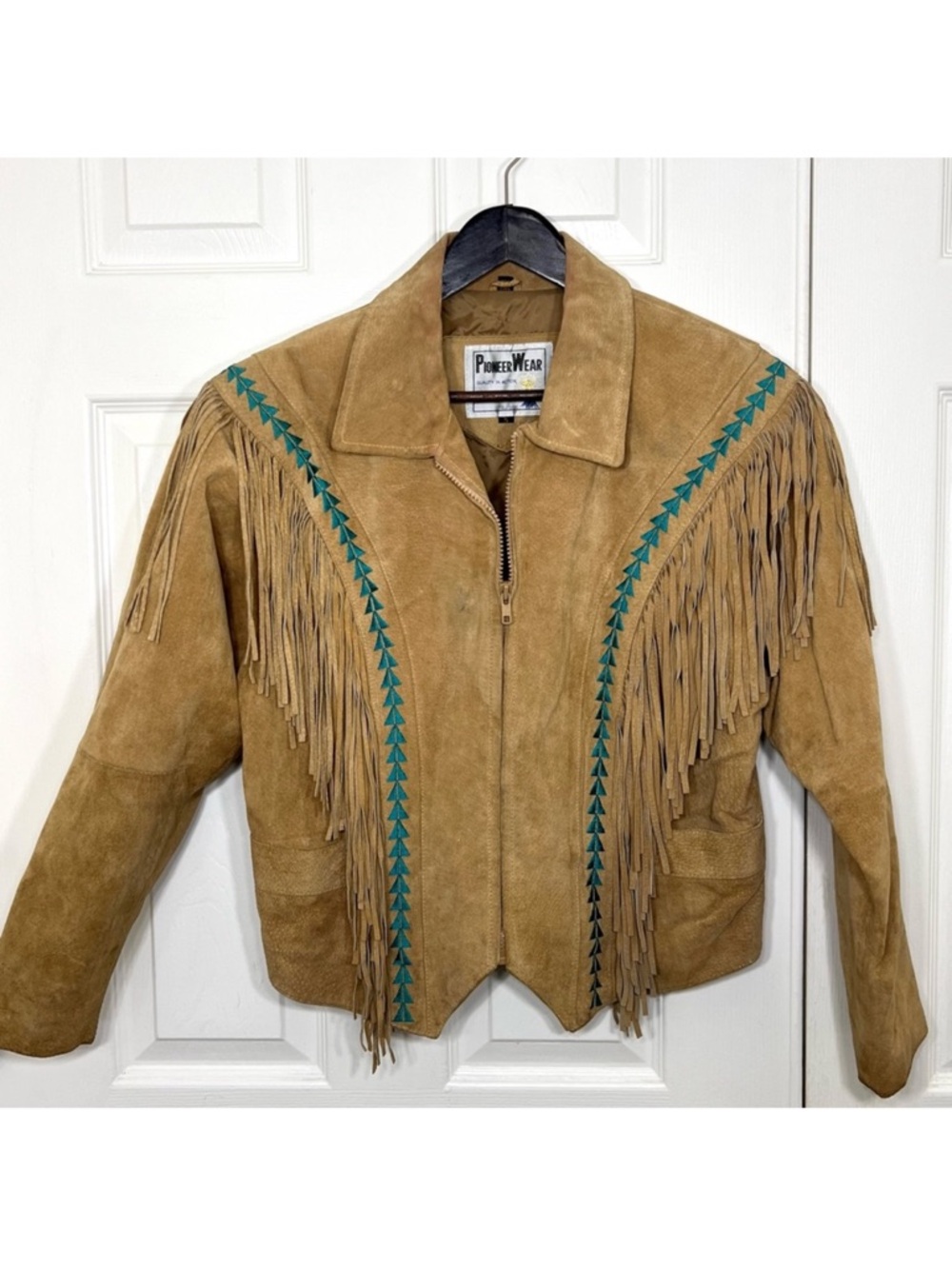 Vintage 80’s Pioneer Wear Fringe Suede Leather Tan Jacket Western Size S